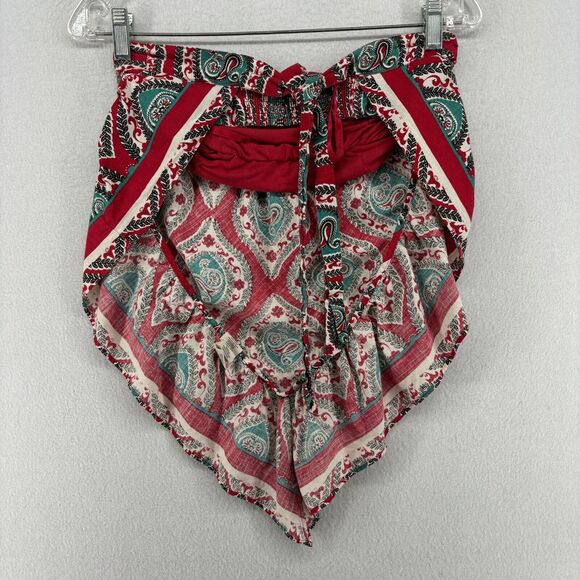 FREE PEOPLE Top XS Bandeau Bandanna Floral Paisley Ruffle Shelf Bra Tie Back Red - Picture 2 of 15